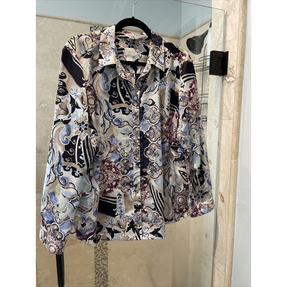 Chicos Womens XL 3 Satin Paisley Print Button Down Long Sleeve Blouse Multicolor